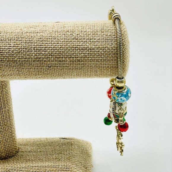 Christmas Charm Bracelet Reindeer Snowflakes Jingle Bells Red Green Enamel Beads - Picture 8 of 9